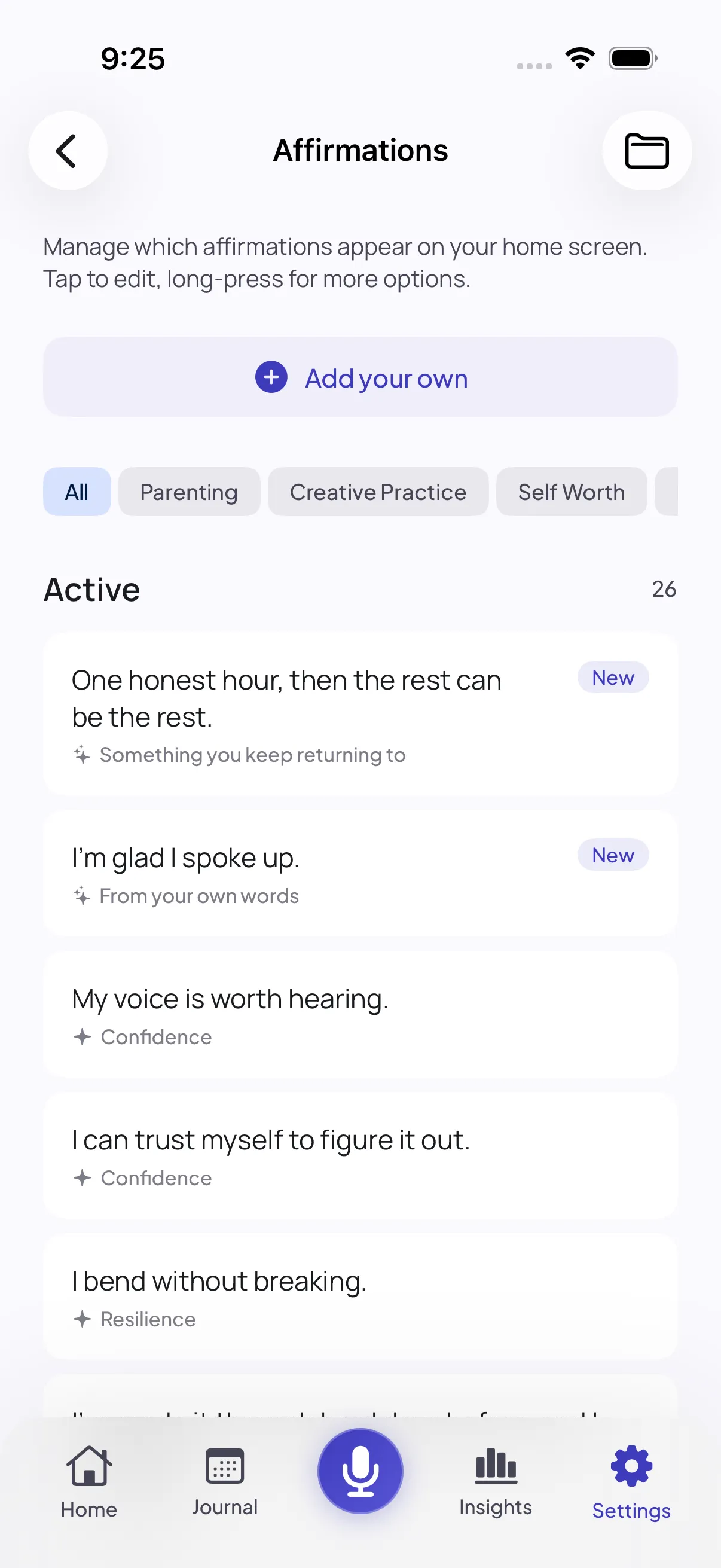 The affirmation library in the app, listing saved affirmations with category filters and controls to edit or hide each one.