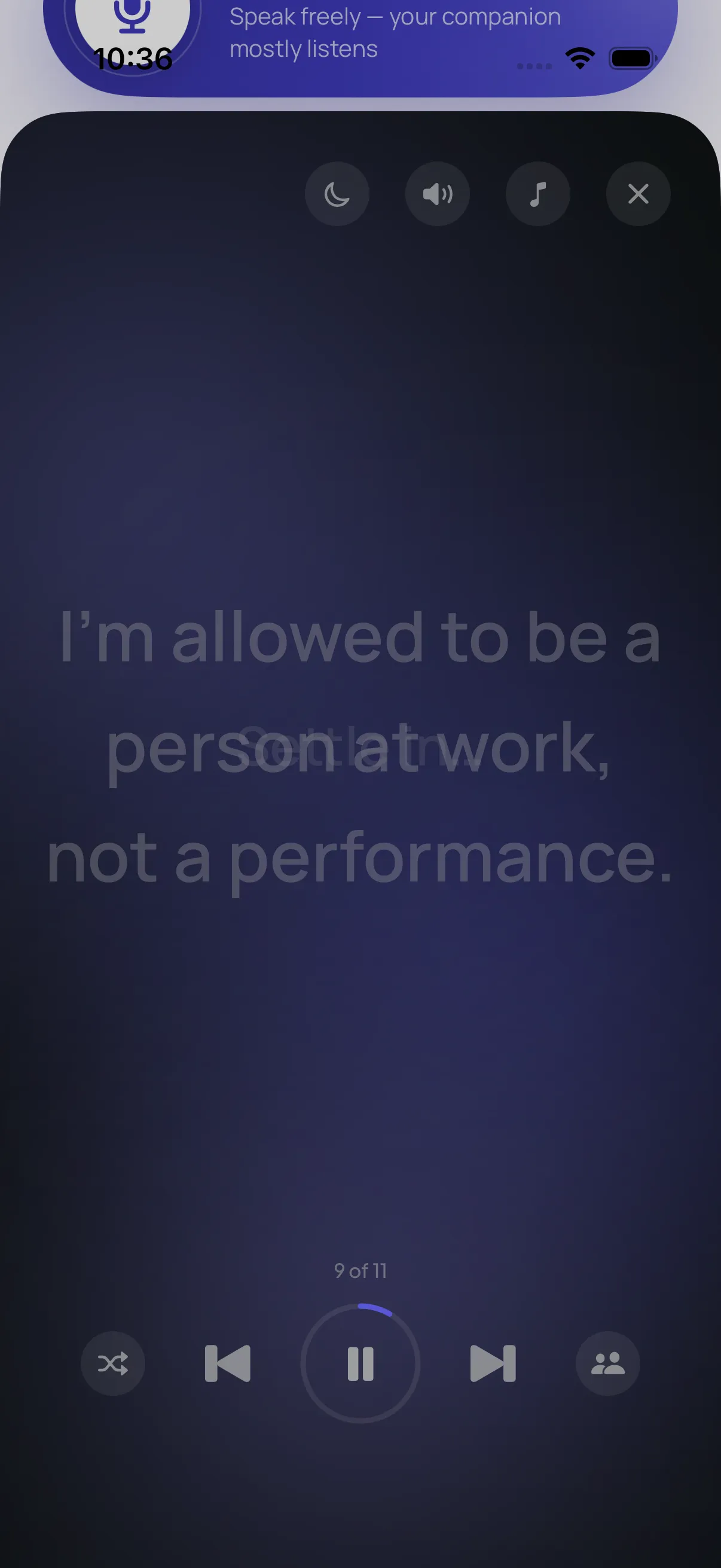 The affirmation soak in the app: a single line of text held in the centre of a softly glowing full-screen space, with playback controls and a sleep timer below.