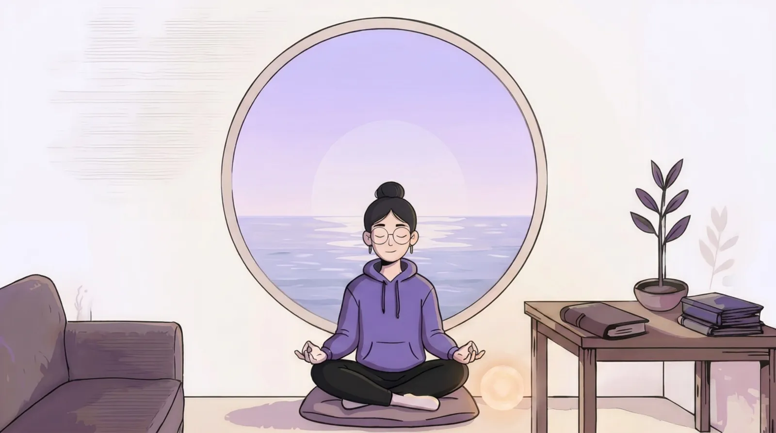 A person sitting cross-legged in quiet meditation beneath a round window onto a calm sea.