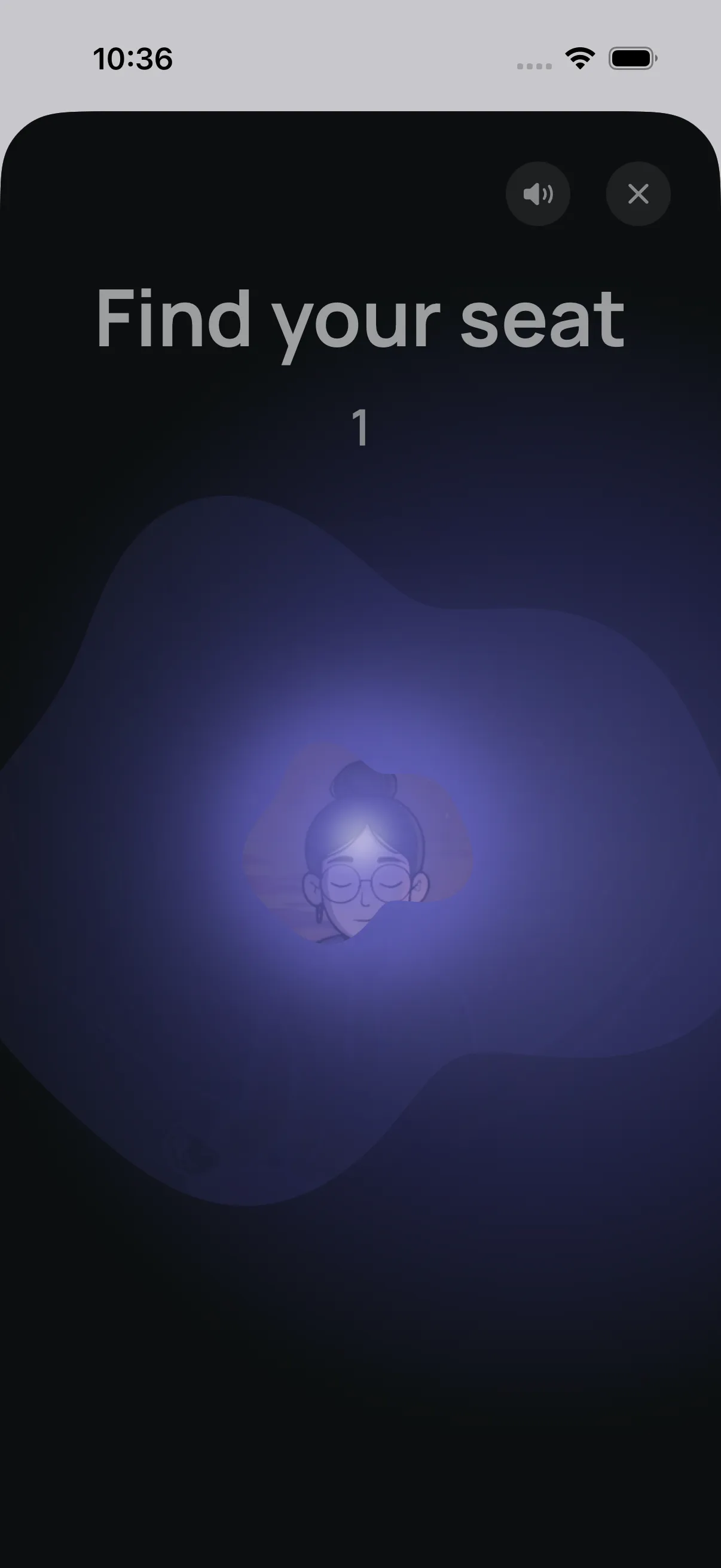 The breathing session opening in the app: a dark full-screen space reading “Find your seat” above a countdown, with a soft violet shape glowing behind a small illustrated figure.