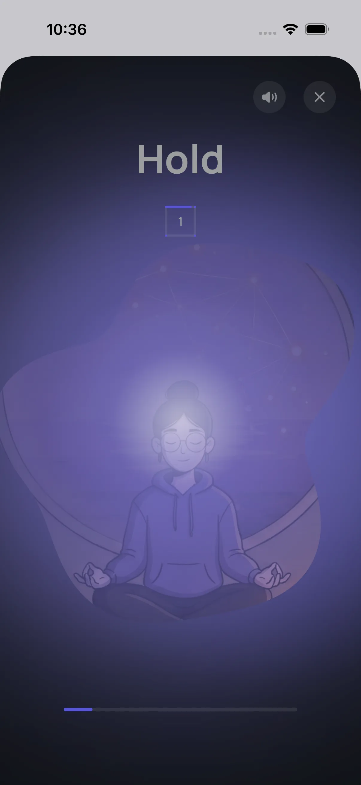 The breathing session running: the glowing shape expanded mid-breath, with the current phase of the box rhythm named above it and the seconds remaining below.