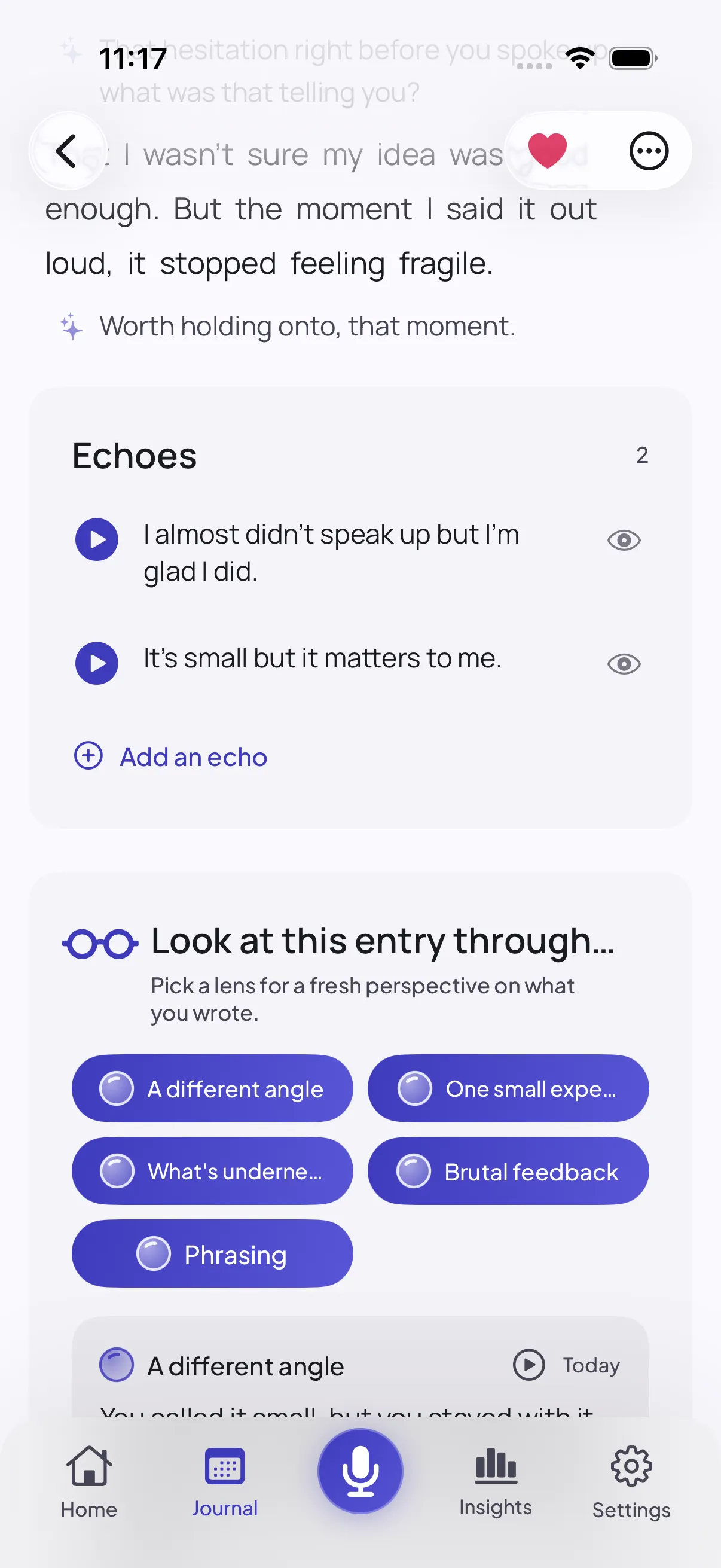 An entry scrolled to its Echoes section, listing “I almost didn’t speak up but I’m glad I did.” and “It’s small but it matters to me.”, each with a play button and a hide control, above an “Add an echo” link.