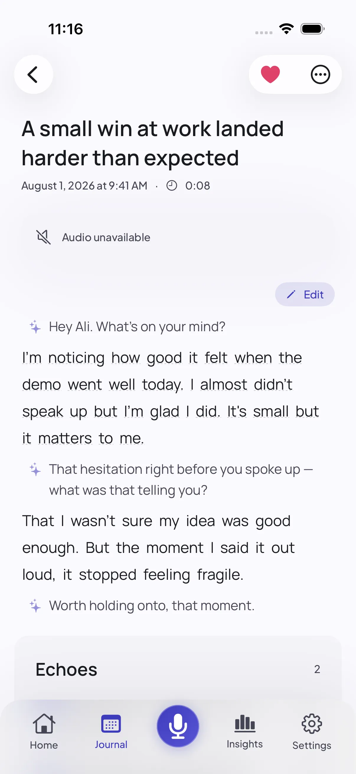 An entry titled “A small win at work landed harder than expected”, showing its date and length, a waveform with playback controls and a speed setting, an Edit button, and the transcript beneath — the companion’s questions in violet and the spoken replies in black.
