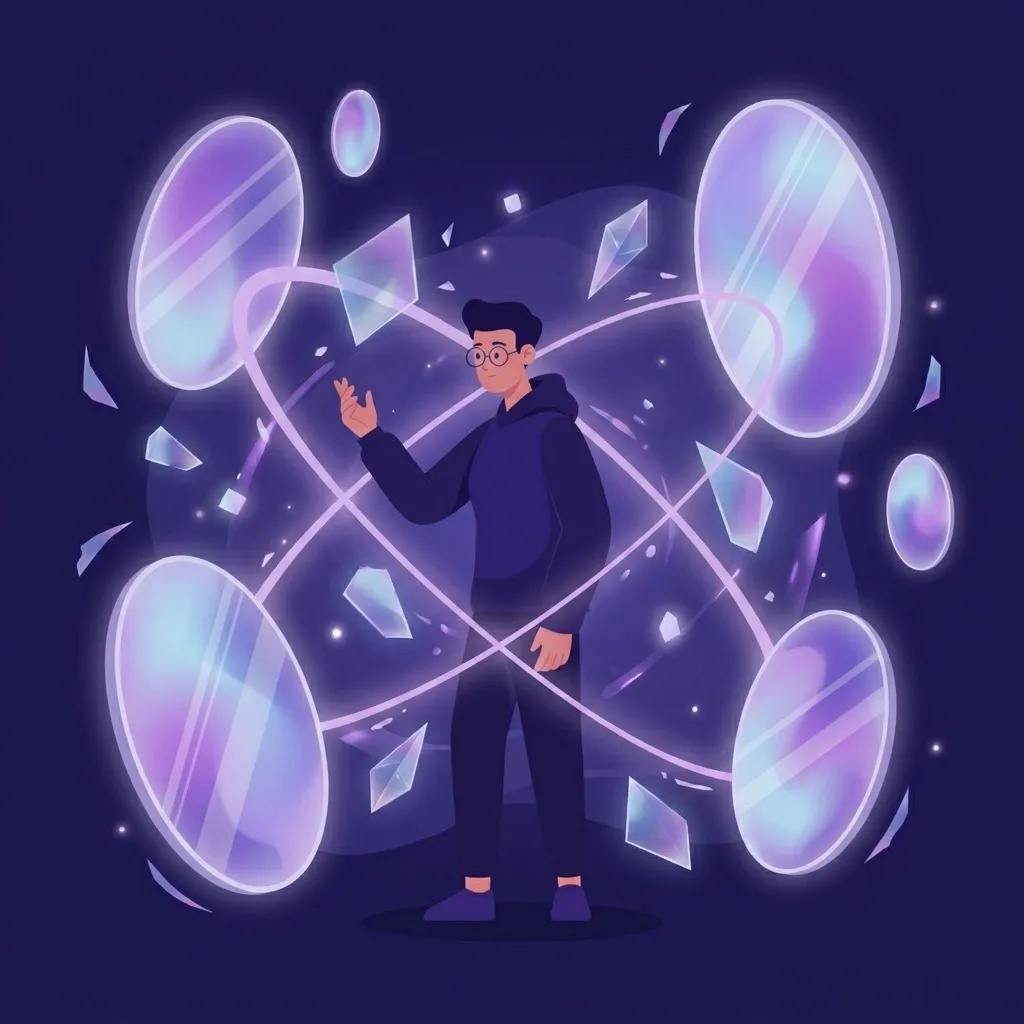 A person standing among softly glowing mirrors, each holding a reflection of a memory.