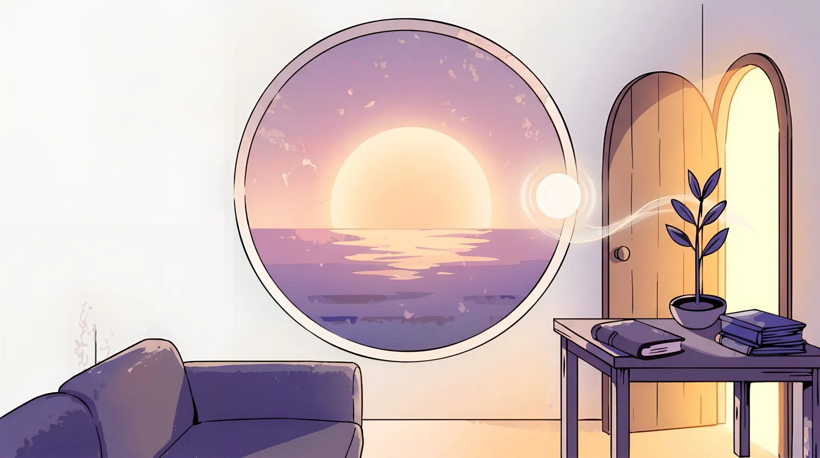 A quiet room with an armchair facing a round window, a wide sun low over the sea beyond it and a door standing open to warm light.