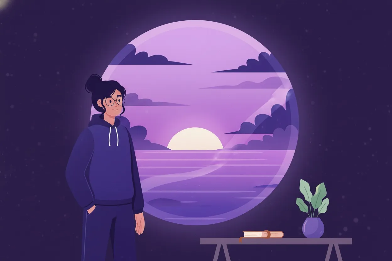 A person standing calmly beside a round window at dusk, a journal and a small plant resting nearby.
