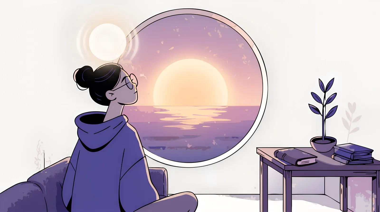 A person sitting calmly by a round window — a sunset over the sea by day, a moonlit night sky after dark — with a journal and a small plant resting nearby.