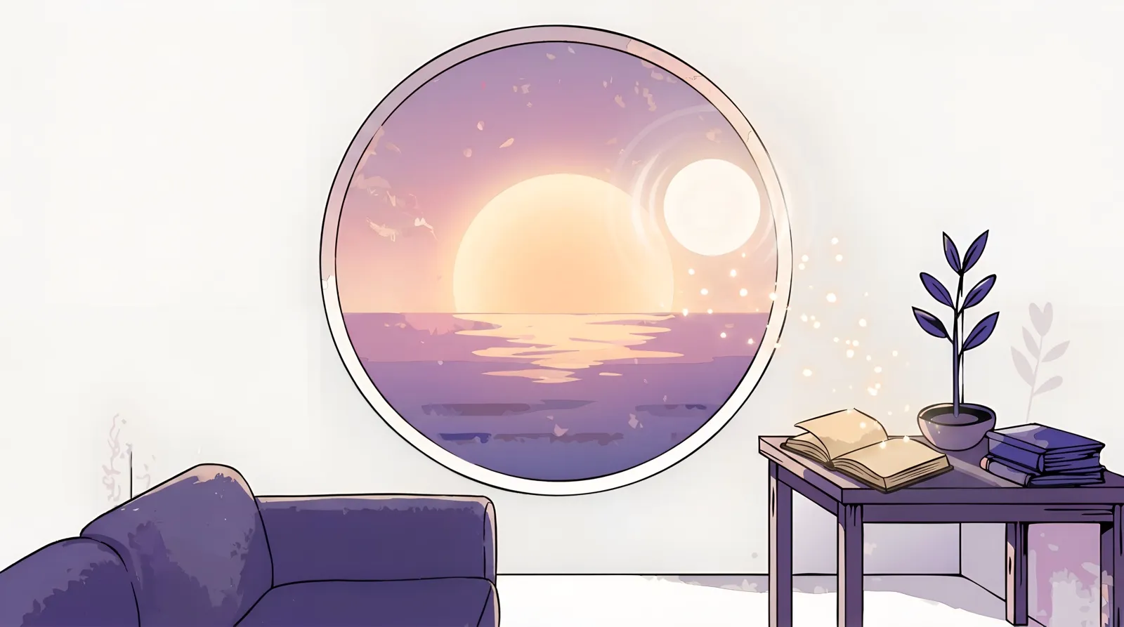 An open book resting by a round window — a sunset over the sea by day, a starlit sky after dark.