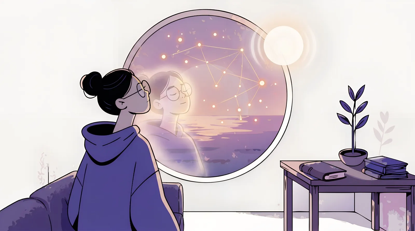 A person gazing at a round window where a soft reflection of themselves appears among the sunset and stars.