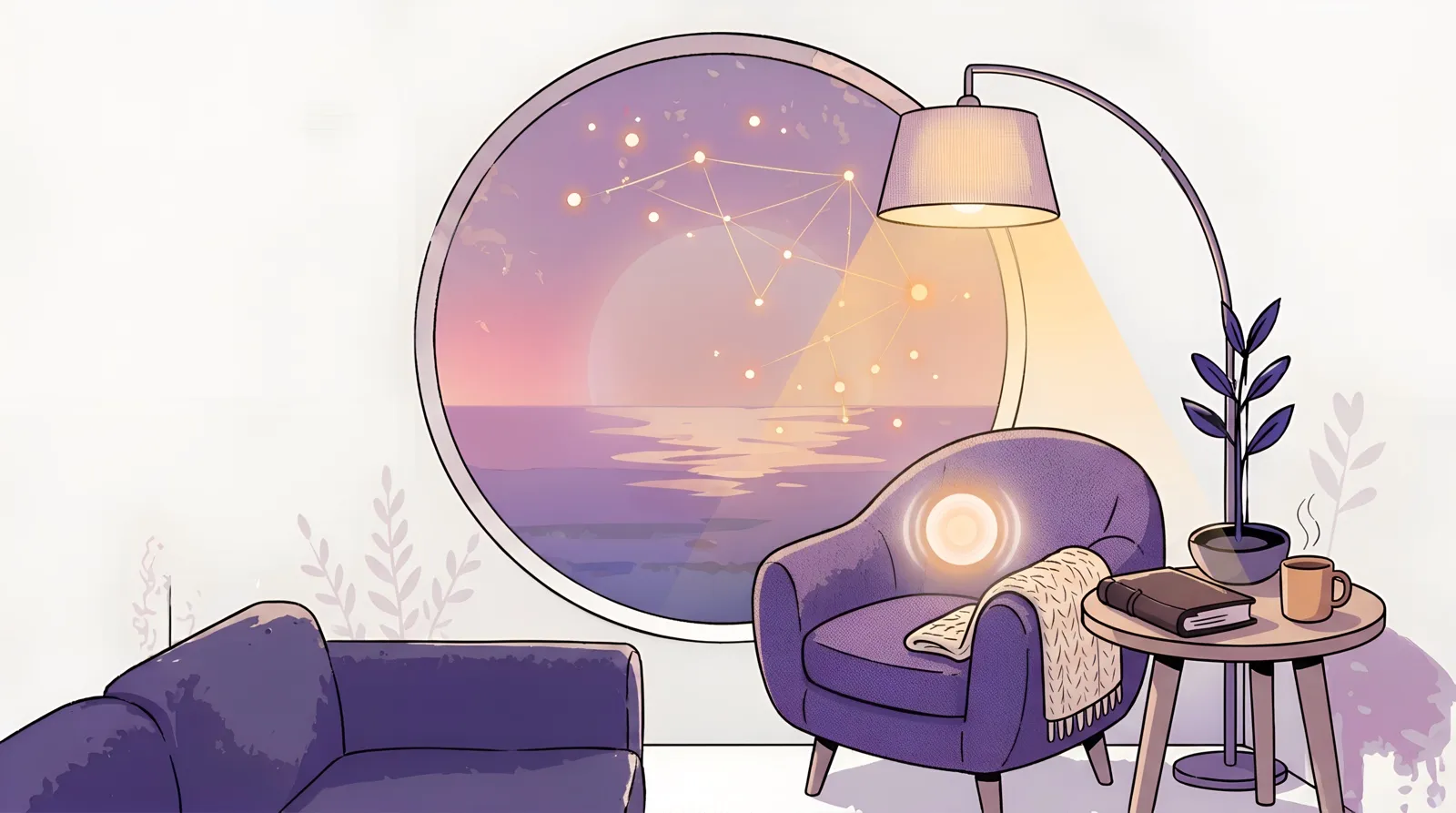 An empty armchair under a warm reading lamp beside a round window looking out on a sunset sea, with a book, a plant and a mug of tea on the side table.