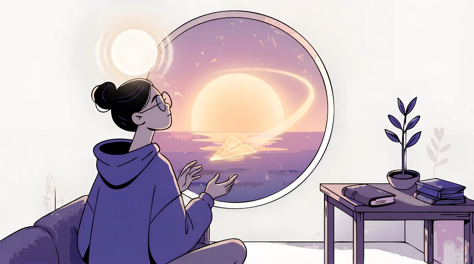 A person sitting cross-legged with their hands open, watching a small glowing paper plane sail across a round window above a sunlit sea.