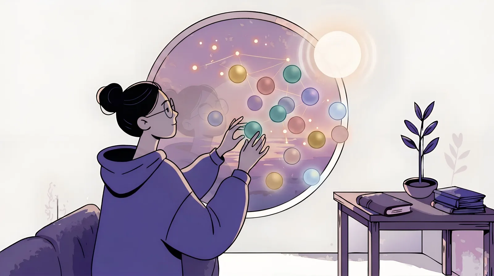 A person at a round window, gently arranging glowing orbs linked by faint constellation lines — a bright sky by day, a moonlit night after dark.