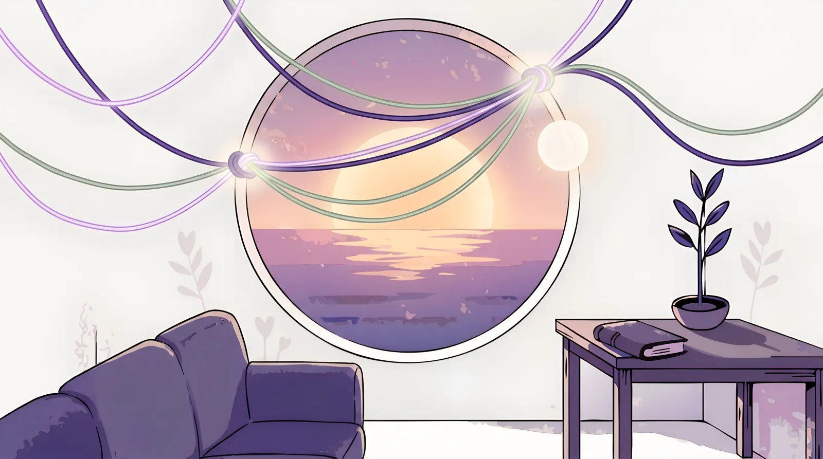 Softly glowing threads weaving across a calm room toward a round window.