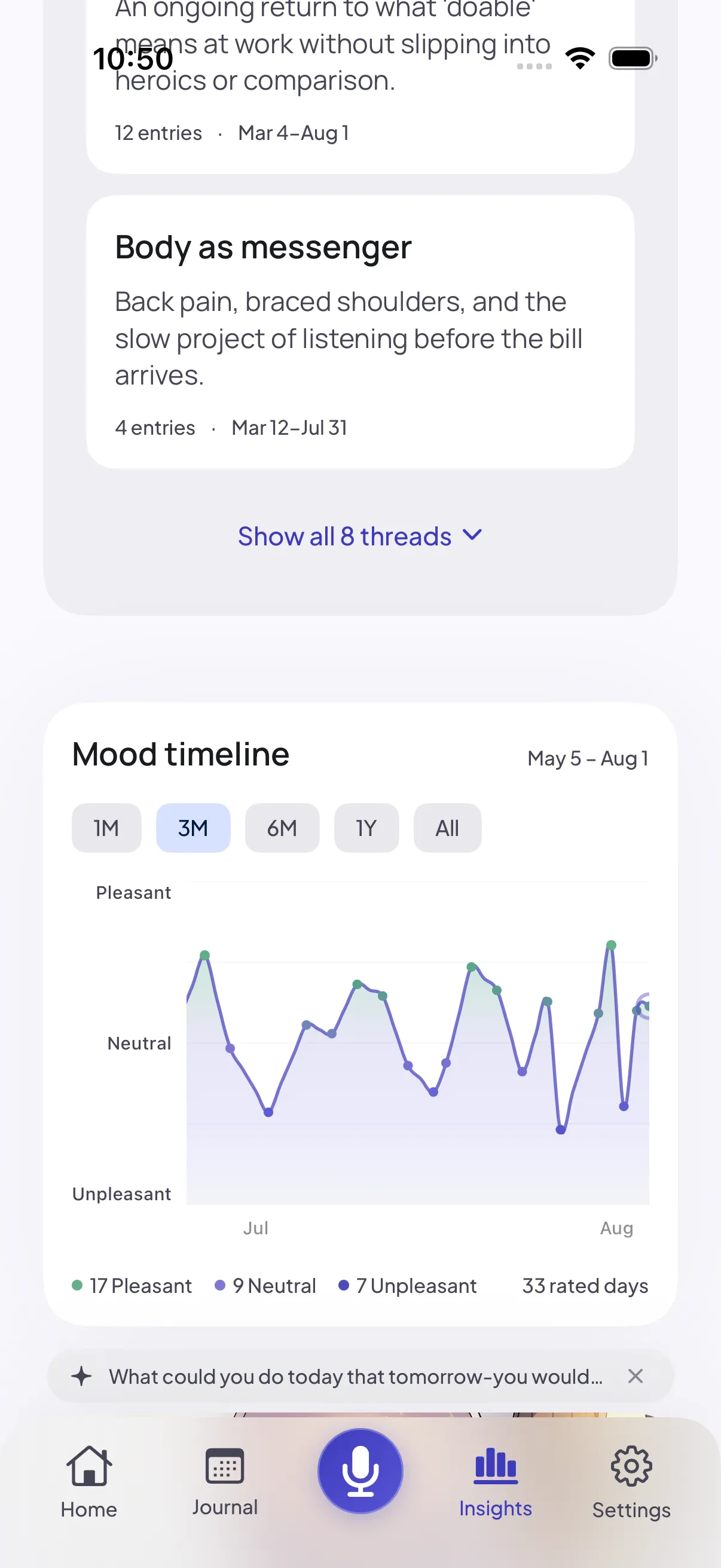 The mood timeline card in the Insights tab, with range chips for 1M, 3M, 6M, 1Y and All, a line running between Pleasant and Unpleasant across three months, and a legend reading 17 pleasant, 9 neutral, 7 unpleasant across 33 rated days.