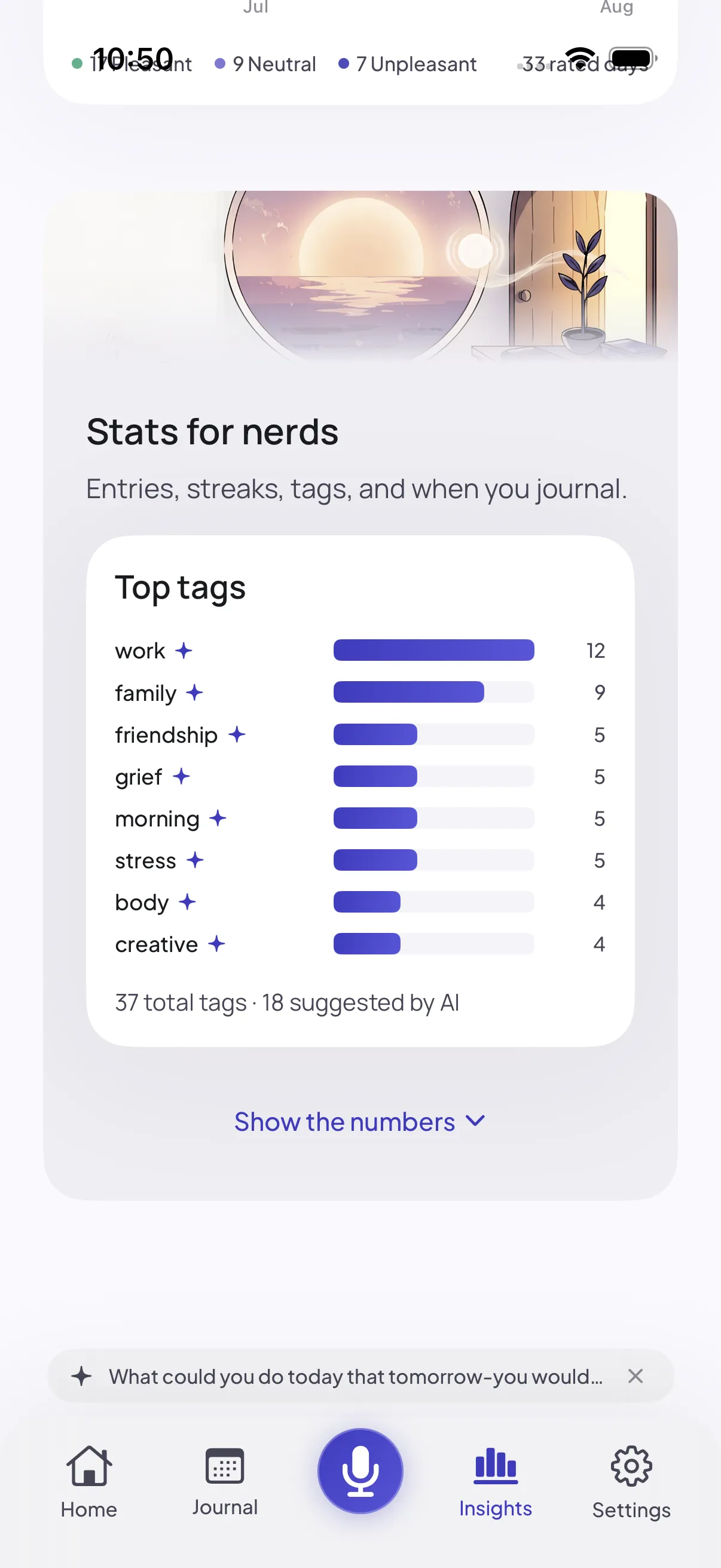 The “Stats for nerds” section of the Insights tab, showing a Top tags card with bars for work, family, friendship, grief, morning, stress, body and creative, and a “Show the numbers” link.
