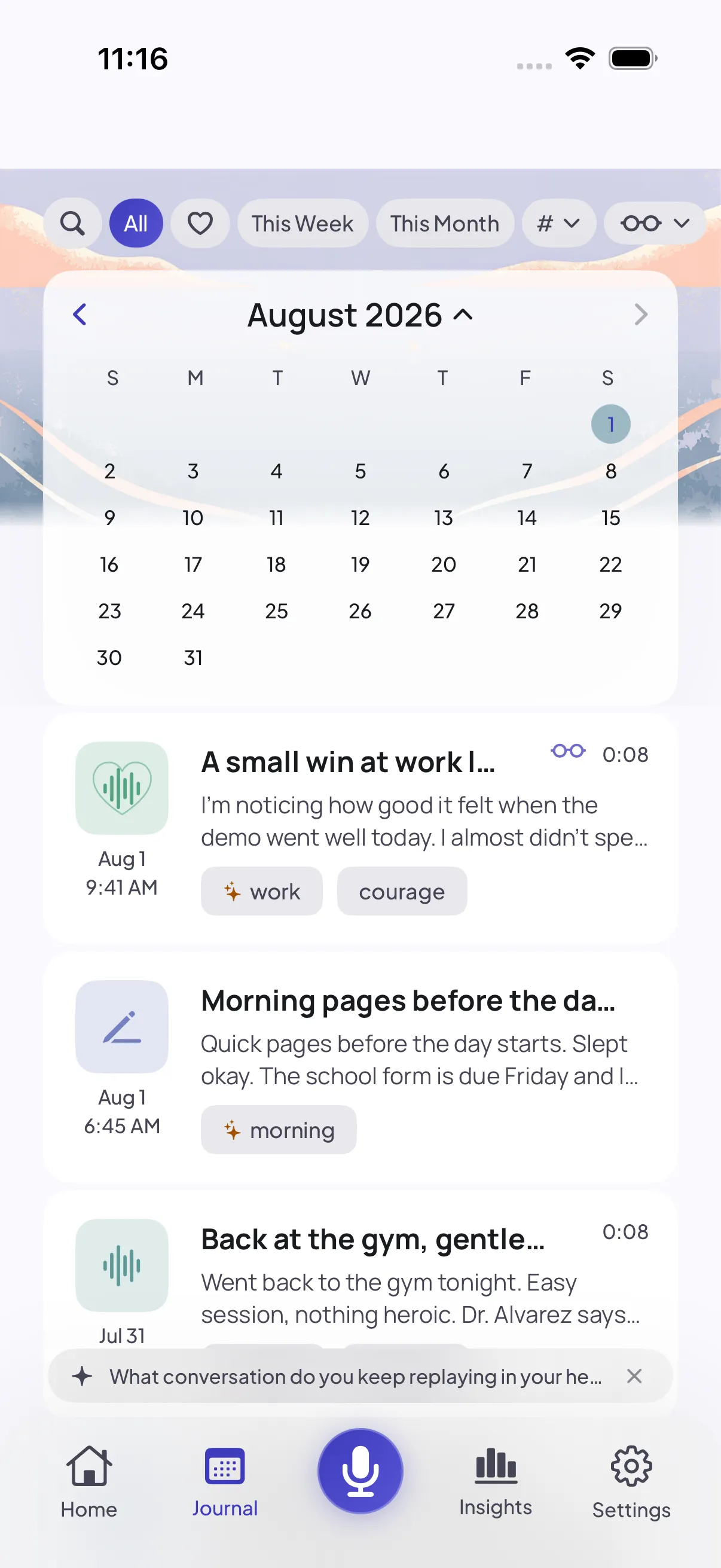 The journal calendar expanded from a week strip to a full month grid for July 2026, with individual days tinted by the mood of that day’s entries.
