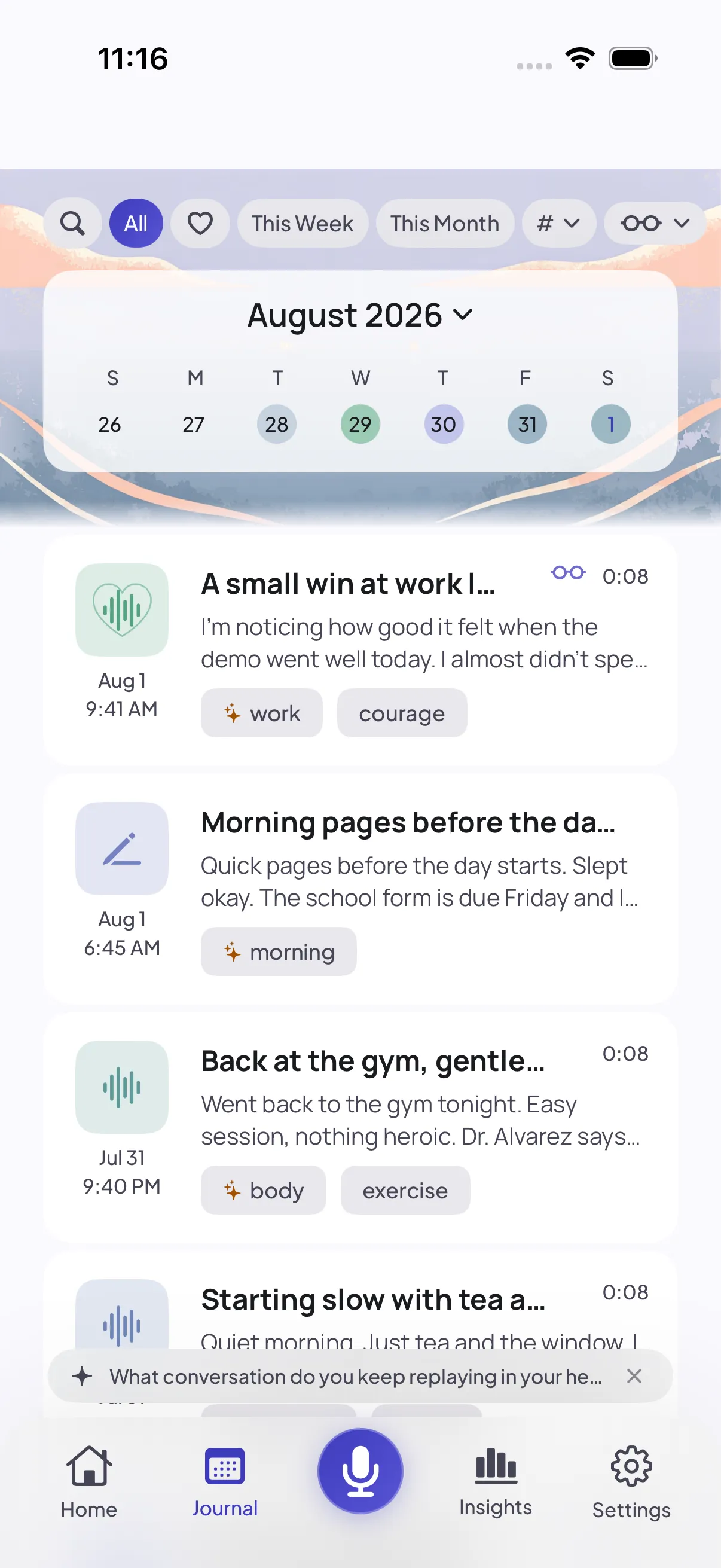 The Journal tab in the app, showing filter chips and a week strip for July 2026 with days tinted by mood, above entries titled “A small win at work…”, “Morning pages before the da…” and “Back at the gym, gentle…”, each with a date, time and tags such as “courage”, “work” and “morning”.