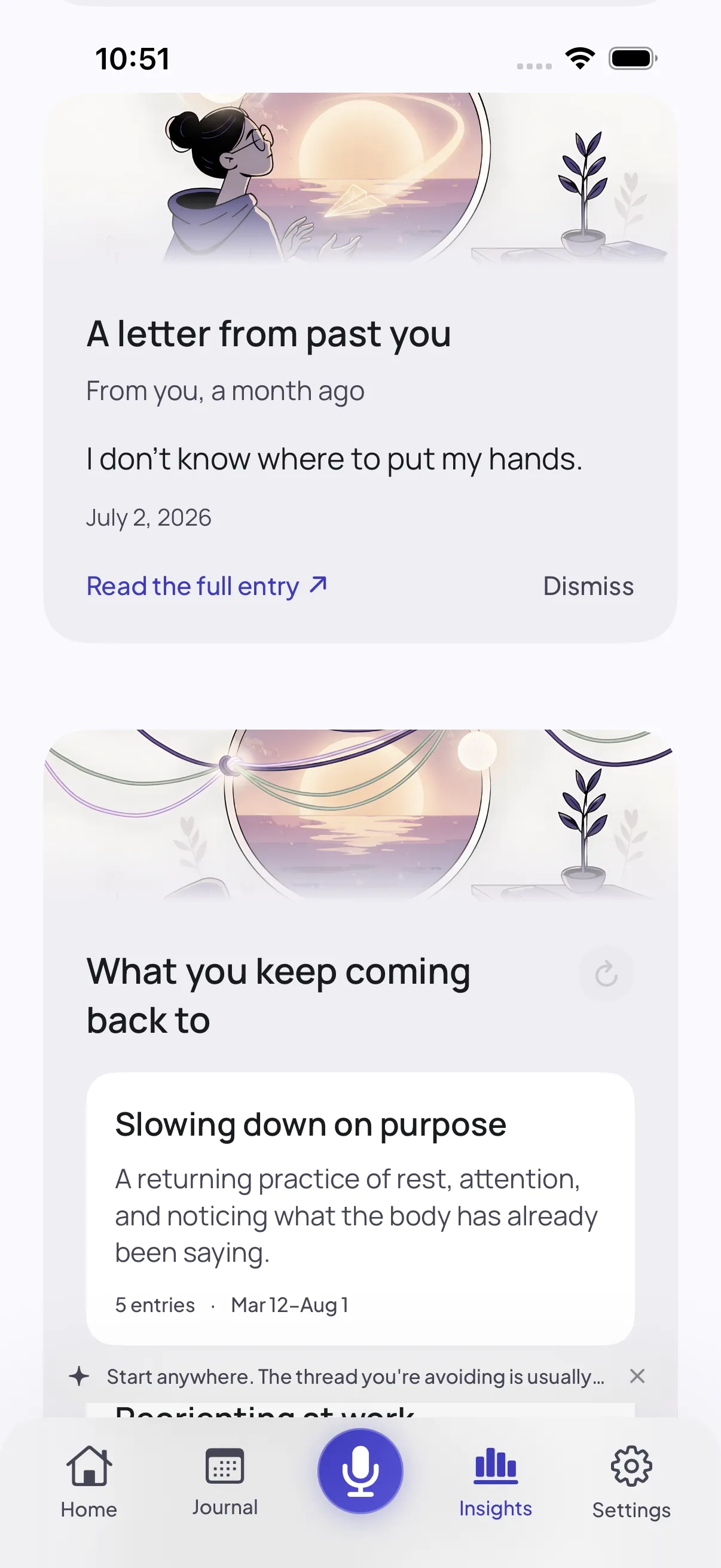 The “A letter from past you” card in the Insights tab, headed “From you, a month ago” above a single sentence lifted from an older entry.
