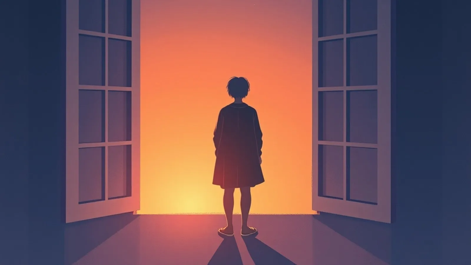 A lone figure seen from behind, standing at tall open windows at dawn, silhouetted against a warm amber sky with deep indigo shadows framing the room.