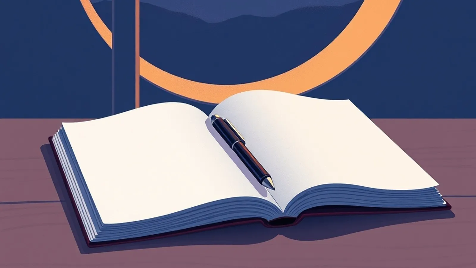 An open notebook and pen resting on a desk before a softly glowing round window at dusk, in calm indigo tones.