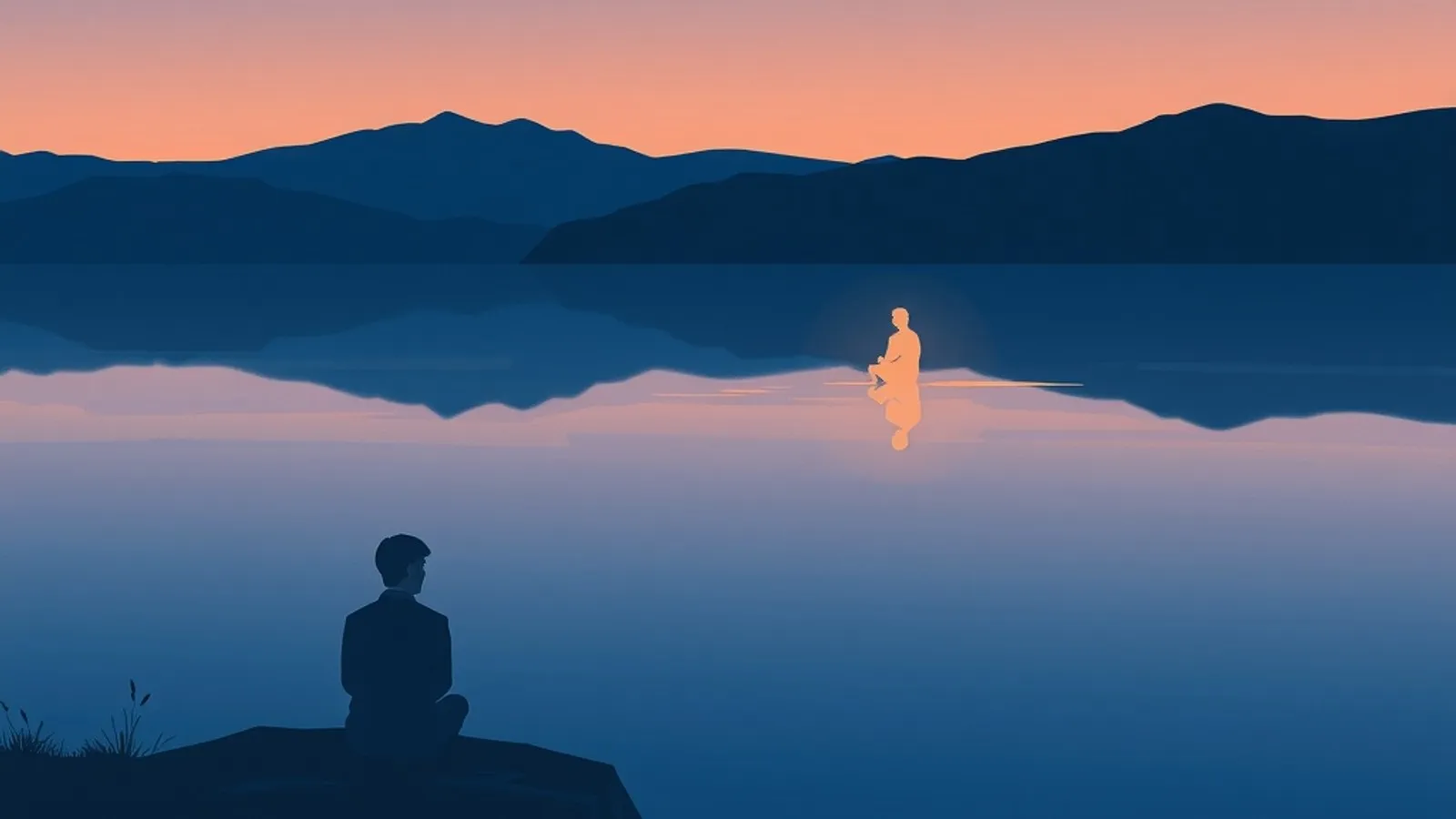 A lone figure seated on a rock at the edge of a still lake at dusk, looking out at a glowing amber figure of the same person seated further out on the water, with dark blue mountains under a coral sky beyond.