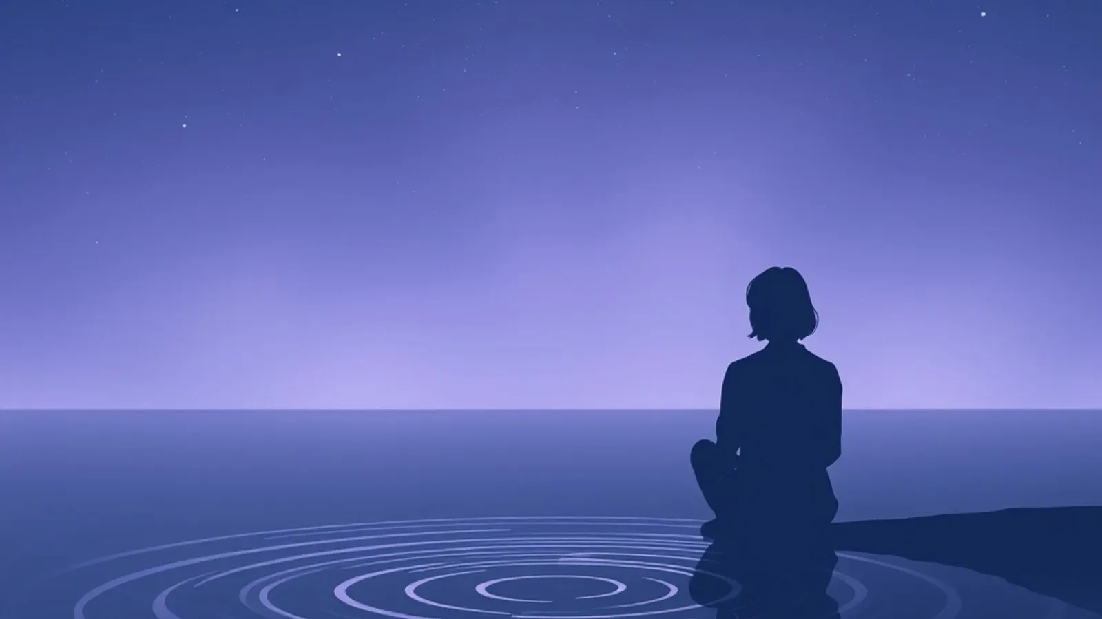 A lone figure sitting by still water at night, watching a starry sky reflected in gently spreading ripples, in indigo and lavender.